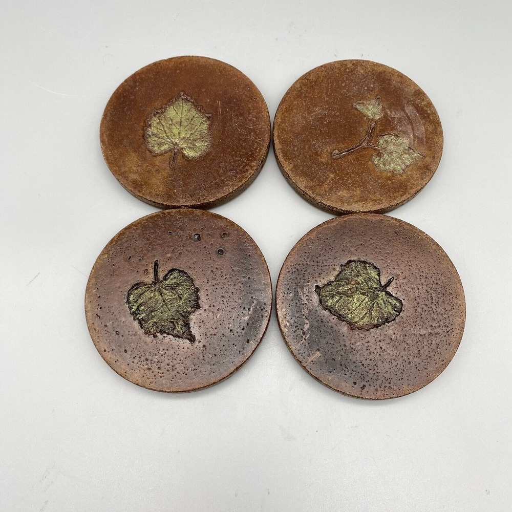 Set Of 4 Handmade‎ Clay Coasters  Pressed Leaves Neutral Tones